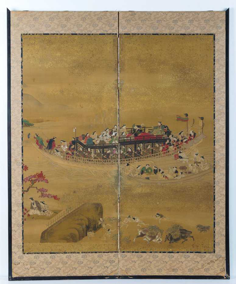 Two Panel Silk Painting attributed to Hishikawa Moronobu